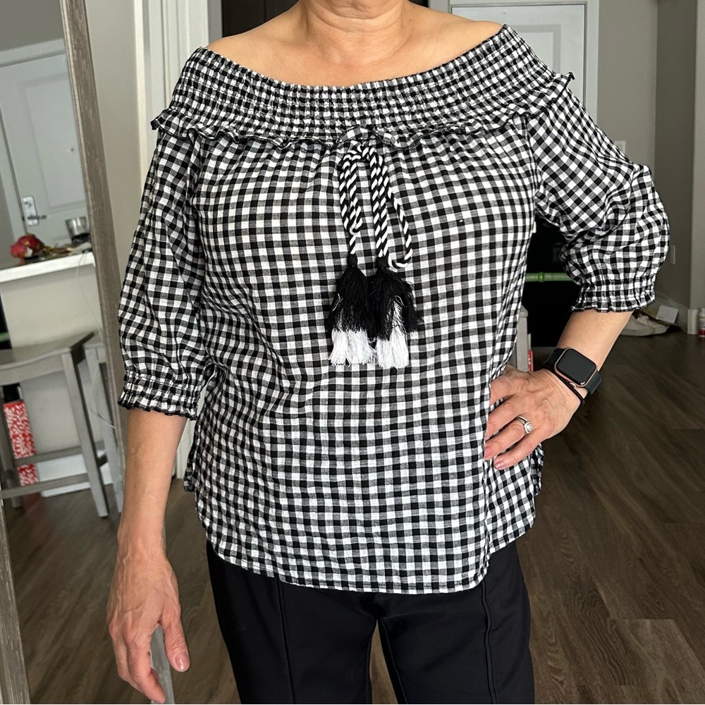 Mud pie off the shoulder gingham shirt